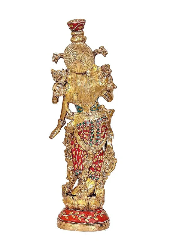 Brassaura® Brass Krishna Statue | 14 Inch Multicolor Lord Krishna Idol | Handcrafted Brass Murti for Home & Temple