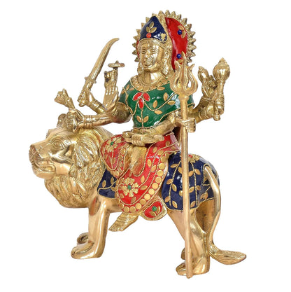 Brassaura® Brass Durga Maa Idol (Sherawali on Lion) | Height 10 Inches