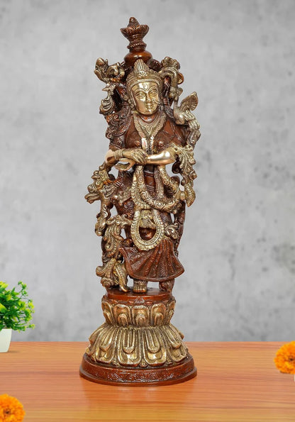 ब्रासोरा® वृंदावन वेणुगोपाल कृष्ण पीतल की प्रतिमा मोर के साथ | एंटीक नीला और सुनहरा रंग | ऊँचाई 20 इंच