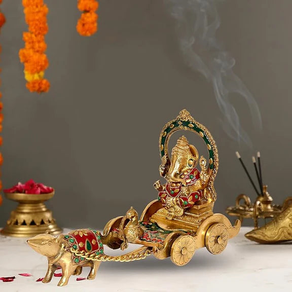 Brassaura® Brass Ganesha Rath Chariot Statue Idol | Length 12 Inches