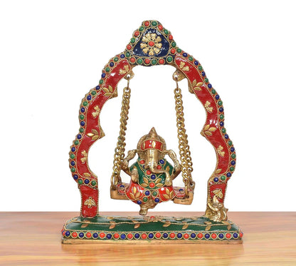 Brassaura® Brass Ganesha Swinging Jhula Statue | Height 9 Inches