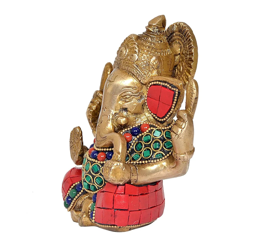 Brassaura® Brass Ganesha Statue | Height 4.5 Inches | Multicolor Ganpati Idol for Home, Office & Mandir
