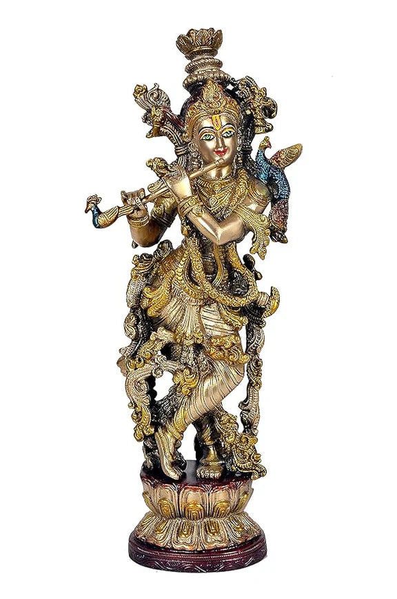 Brassaura® Brass Radha Krishna Statue | Height 15 Inches | Multicolor Divine Couple Idol for Home & Mandir