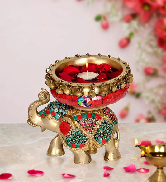 Brassaura® Brass Elephant with Urli & Ghungroo Work | Decorative Brass Showpiece | Height 7.5 Inches