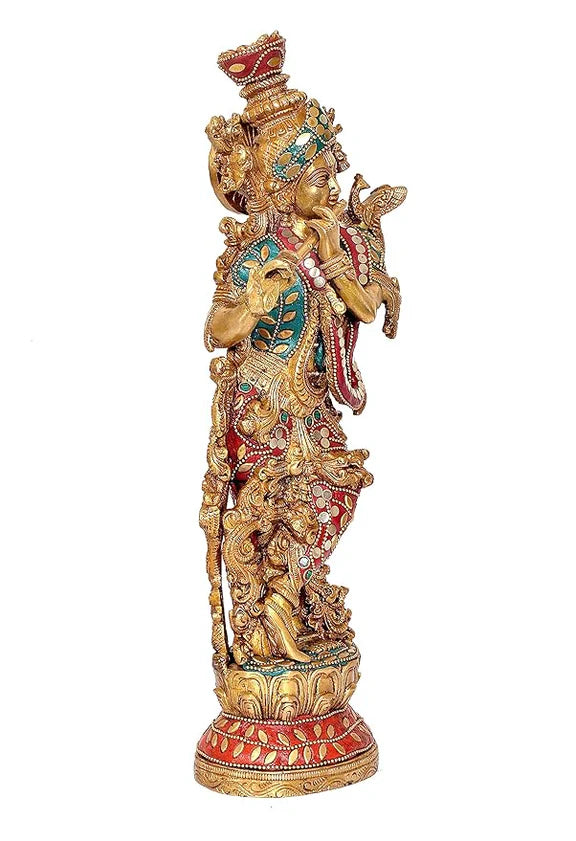 Brassaura® Brass Krishna Statue | 14 Inch Multicolor Lord Krishna Idol | Handcrafted Brass Murti for Home & Temple