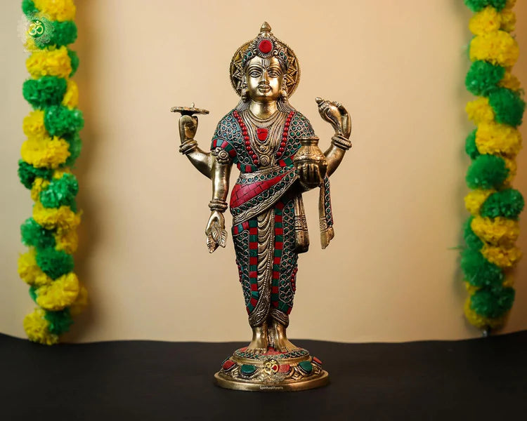 Brassaura® Brass Dhanvantari Narayana Statue with Stonework | Height 15.35 Inches