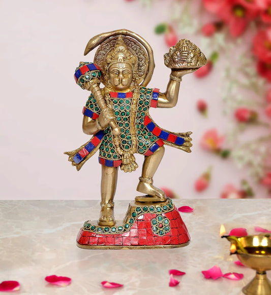 Brassaura® Hanuman Ji with Sanjeevani Mountain Brass Statue | Multicolor Stone Work | Height 9 Inches
