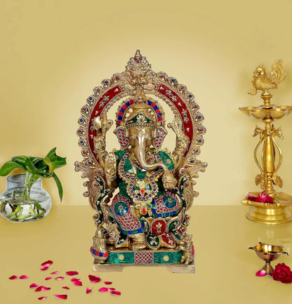 Brassaura® Brass Ganesha Statue with Kirtimuka Frame | Height 17.5 Inches