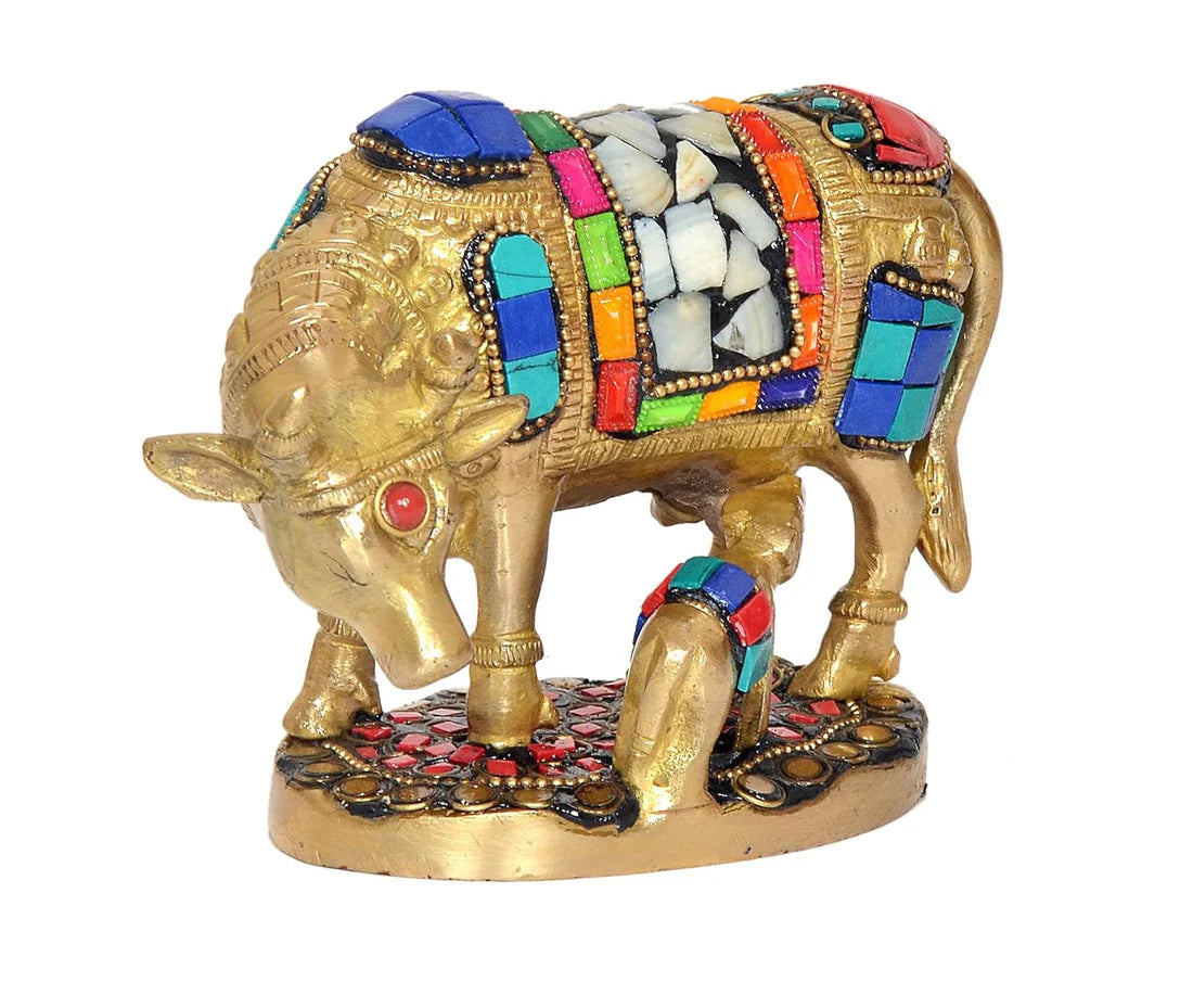 Brassaura® Brass Kamdhenu Cow with Calf Statue | Height 4 Inches | Multicolor Sacred Cow Idol for Home & Mandir