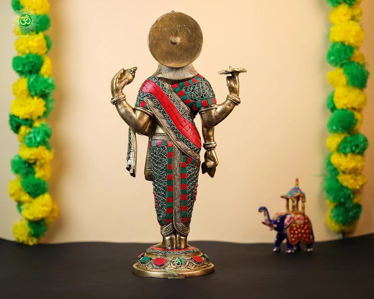Brassaura® Brass Dhanvantari Narayana Statue with Stonework | Height 15.35 Inches