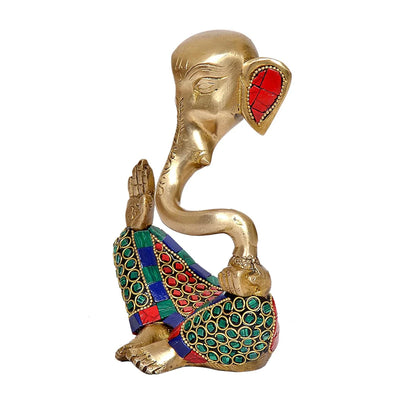 Brassaura® Modern Ganesha Brass Idol with Multicolor Stone Work | Artistic Home Décor Showpiece | Height 6 Inches