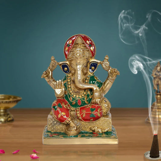 Brassaura® Brass Ganesha Statue with Stonework | Height 7 Inches