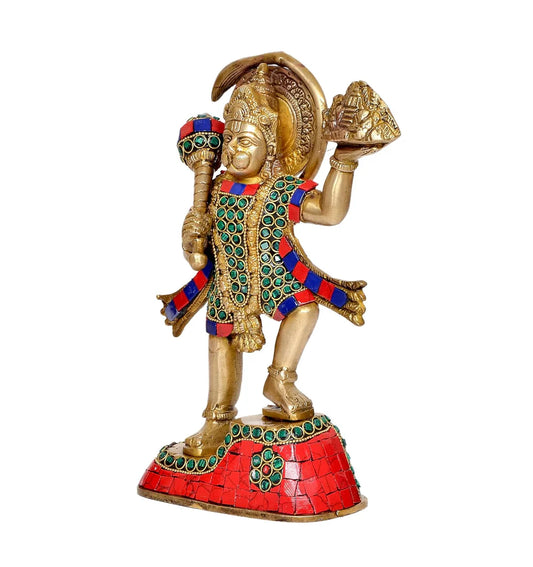Brassaura® Hanuman Ji with Sanjeevani Mountain Brass Statue | Multicolor Stone Work | Height 9 Inches