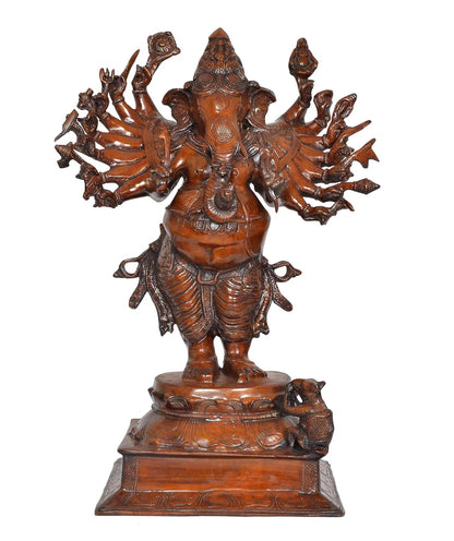 Brassaura® Brass Vira Ganesha Statue (16 Hands) | Height 23 Inches