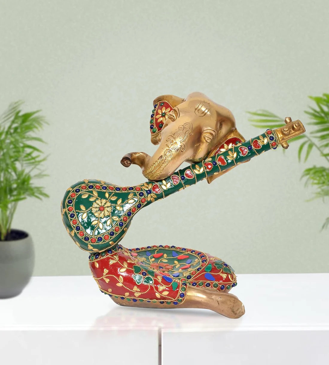 Brassaura® Brass Ganesha Playing Sitar Statue | Height 9 Inches | Multicolor Decorative Ganpati Idol for Home & Office