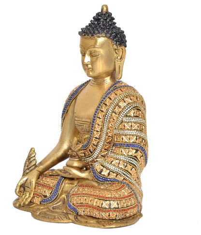 Brassaura® Brass Buddha Statue | 10 Inch Multicolor Buddha Idol | Handcrafted Brass Murti for Home & Meditation Décor