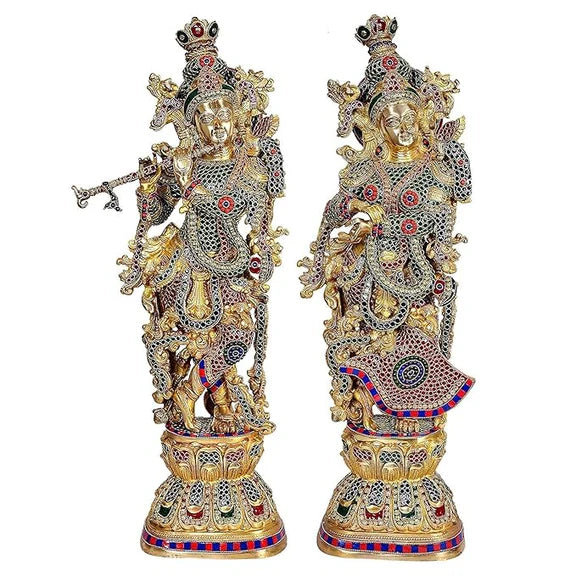 Brassaura® Brass Radha Krishna Statue Pair | 30 Inch Multicolor Standing Idols