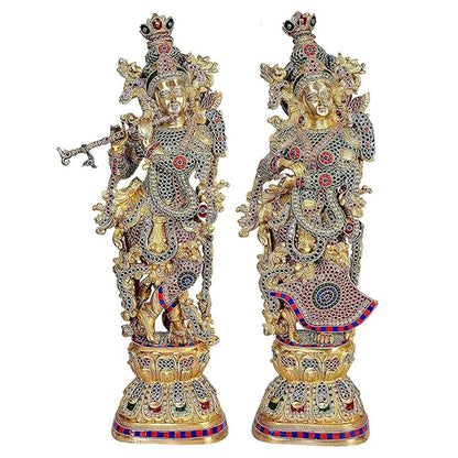 Brassaura® Brass Radha Krishna Statue Pair | 30 Inch Multicolor Standing Idols