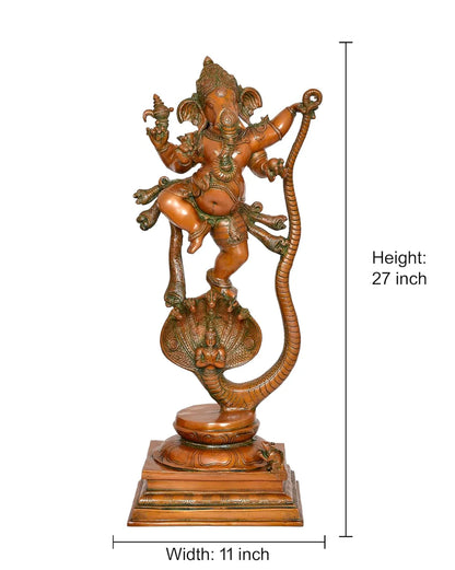 Brassaura® Dancing Ganesha on Sheshnaag Brass Statue | Traditional Multi Tone Finish | Height 27 Inches