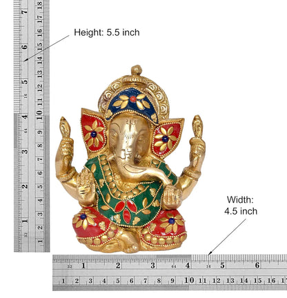 Brassaura® Brass Ganesha Statue | Height 5.5 Inches | Multicolor Ganpati Murti for Home Décor & Pooja