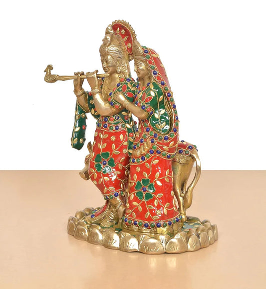 Brassaura® Multicolor Radha Krishna Brass Statue | Handcrafted Krishna Playing Flute Idol | Height 11 Inches