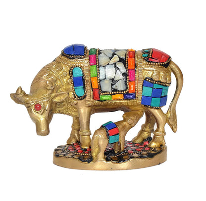 Brassaura® Brass Kamdhenu Cow with Calf Statue | Height 4 Inches | Multicolor Sacred Cow Idol for Home & Mandir