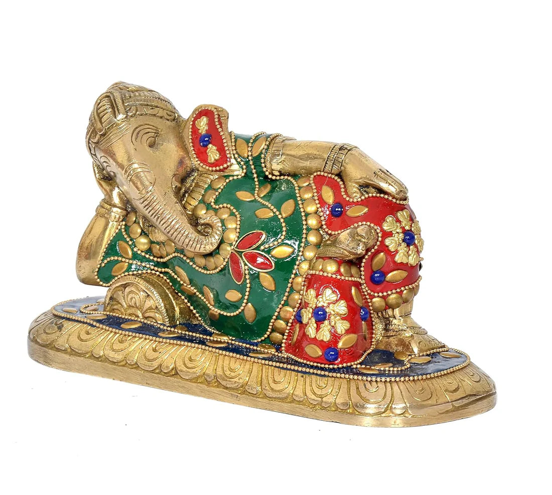 Brassaura® Brass Relaxing Ganesha Statue | 4 Inch Multicolor Ganpati Idol | Handcrafted Brass Murti for Home & Mandir
