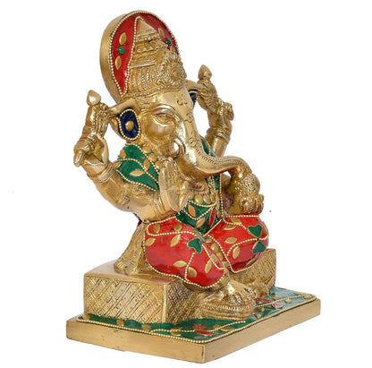 Brassaura® Brass Ganesha Statue with Stonework | Height 7 Inches