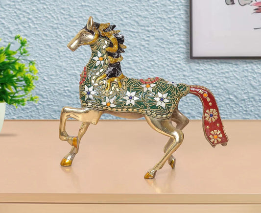 Brassaura® Multicolor Brass Horse Statue | Decorative Running Horse Showpiece with Stone Work | Height 10.5 Inches