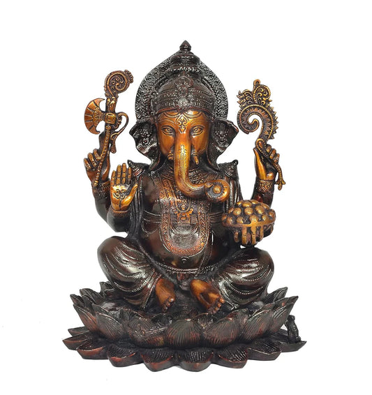 Brassaura® Brass Lord Ganesha Idol | 11 Inch Multicolor Ganpati Statue with Stonework | Handcrafted Brass Murti for Home & Mandir