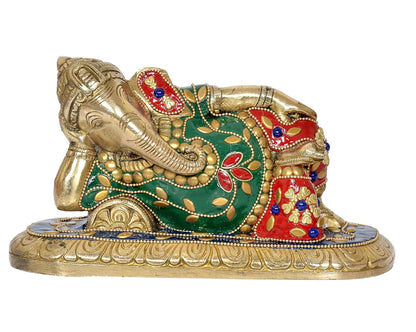 Brassaura® Brass Relaxing Ganesha Statue | 4 Inch Multicolor Ganpati Idol | Handcrafted Brass Murti for Home & Mandir