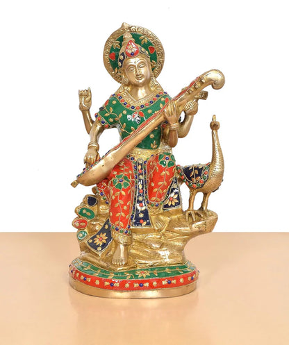 Brassaura® Multicolor Goddess Saraswati Brass Statue with Veena | Handcrafted Vidya Devi Idol | Height 15 Inches