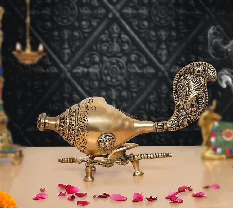 Brassaura® Decorative Brass Shankh Showpiece | Handcrafted Conch Shell Sculpture for Spiritual Décor | Width 14 Inches