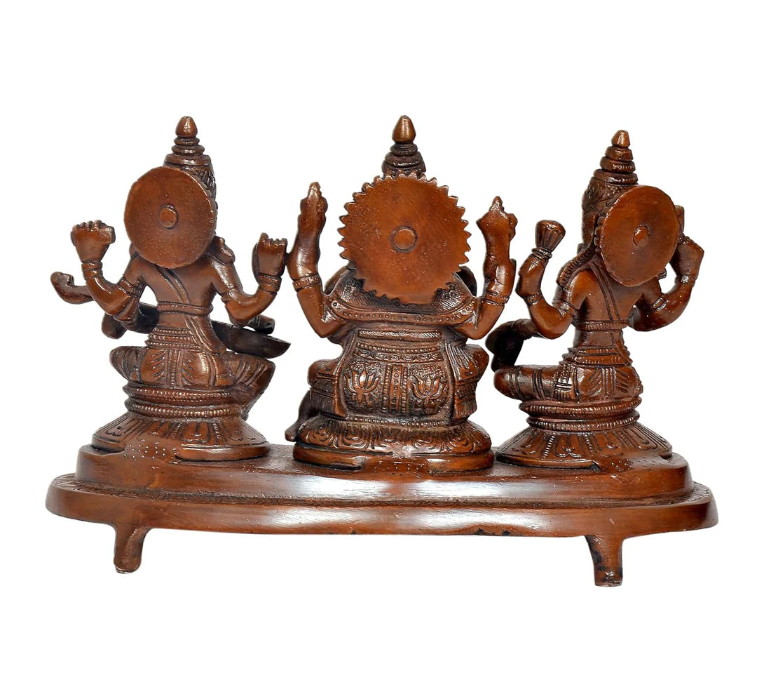 Brassaura® Brass Lakshmi Ganesh Saraswati Statue | Height 6.5 Inches | Multicolor Divine Idol for Home & Mandir