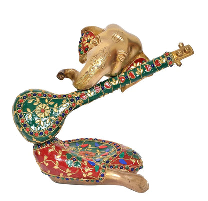 Brassaura® Brass Ganesha Playing Sitar Statue | Height 9 Inches | Multicolor Decorative Ganpati Idol for Home & Office