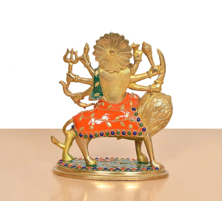 Brassaura® Multicolor Maa Durga Brass Statue on Lion | Handcrafted Devi Idol with Stone Work | Height 7.5 Inches