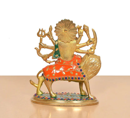 Brassaura® Multicolor Maa Durga Brass Statue on Lion | Handcrafted Devi Idol with Stone Work | Height 7.5 Inches