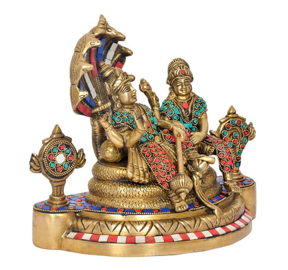 Brassaura® Brass Lakshmi Vishnu Statue | Height 9.5 Inches | Gold Finish Vishnu on Sheshnag Idol for Home & Mandir