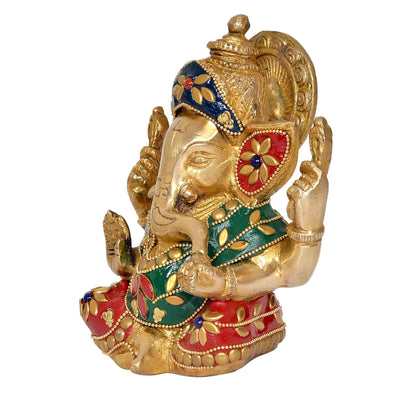 Brassaura® Brass Ganesha Statue | Height 5.5 Inches | Multicolor Ganpati Murti for Home Décor & Pooja