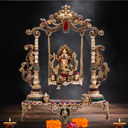Brassaura™ Brass Gem Stone Work Ganesha Jhula Idol for Home and Decor | Weight 7.6 Kgs | Height 18.5 Inches