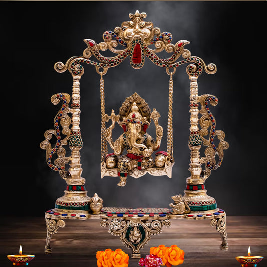 Brassaura™ Brass Gem Stone Work Ganesha Jhula Idol for Home and Decor | Weight 7.6 Kgs | Height 18.5 Inches