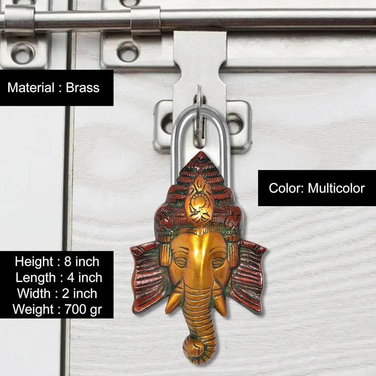 Brassaura® Lord Ganesha Face Brass Door Lock | Multicolor Handcrafted Finish | Height 8 Inches