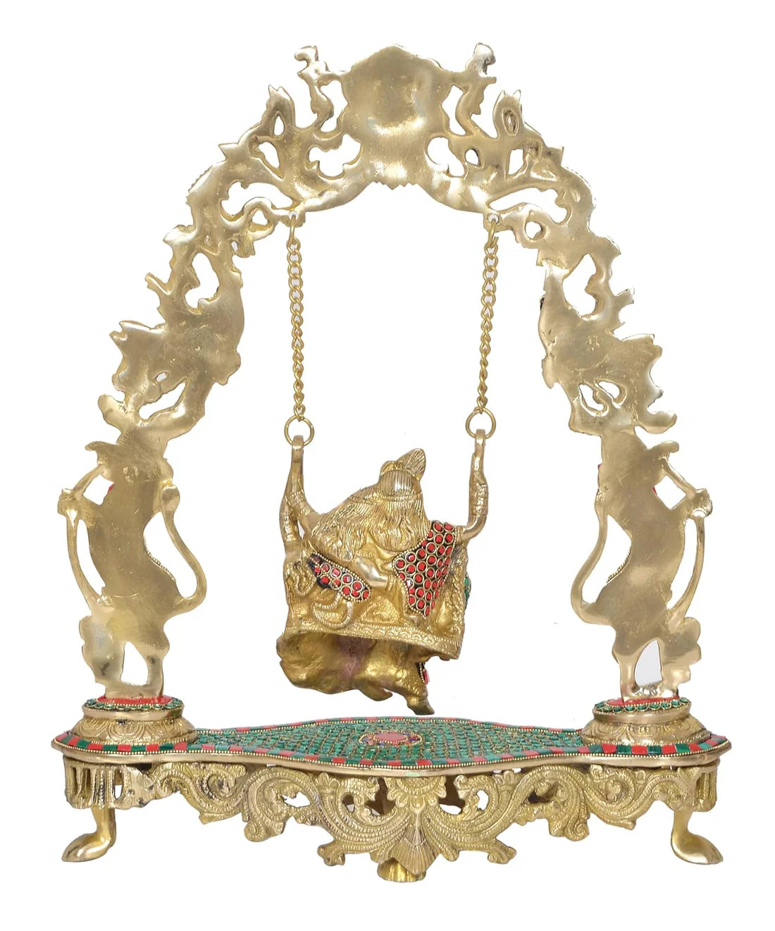 Brassaura® Brass Radha Krishna Jhula Idol | 18 Inch Multicolor Murlidhar Statue | Handcrafted Brass Murti for Home & Temple