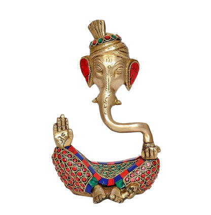 Brassaura® Modern Ganesha Safa Brass Idol with Stone Work | Decorative Spiritual Showpiece | Height 7 Inches