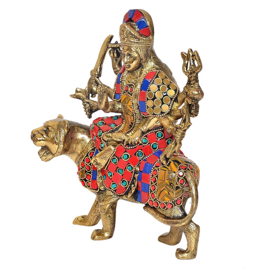 Brassaura® Brass Durga Maa Statue | Height 8 Inches | Sherawali Mata Rani Idol with Lion for Home & Mandir