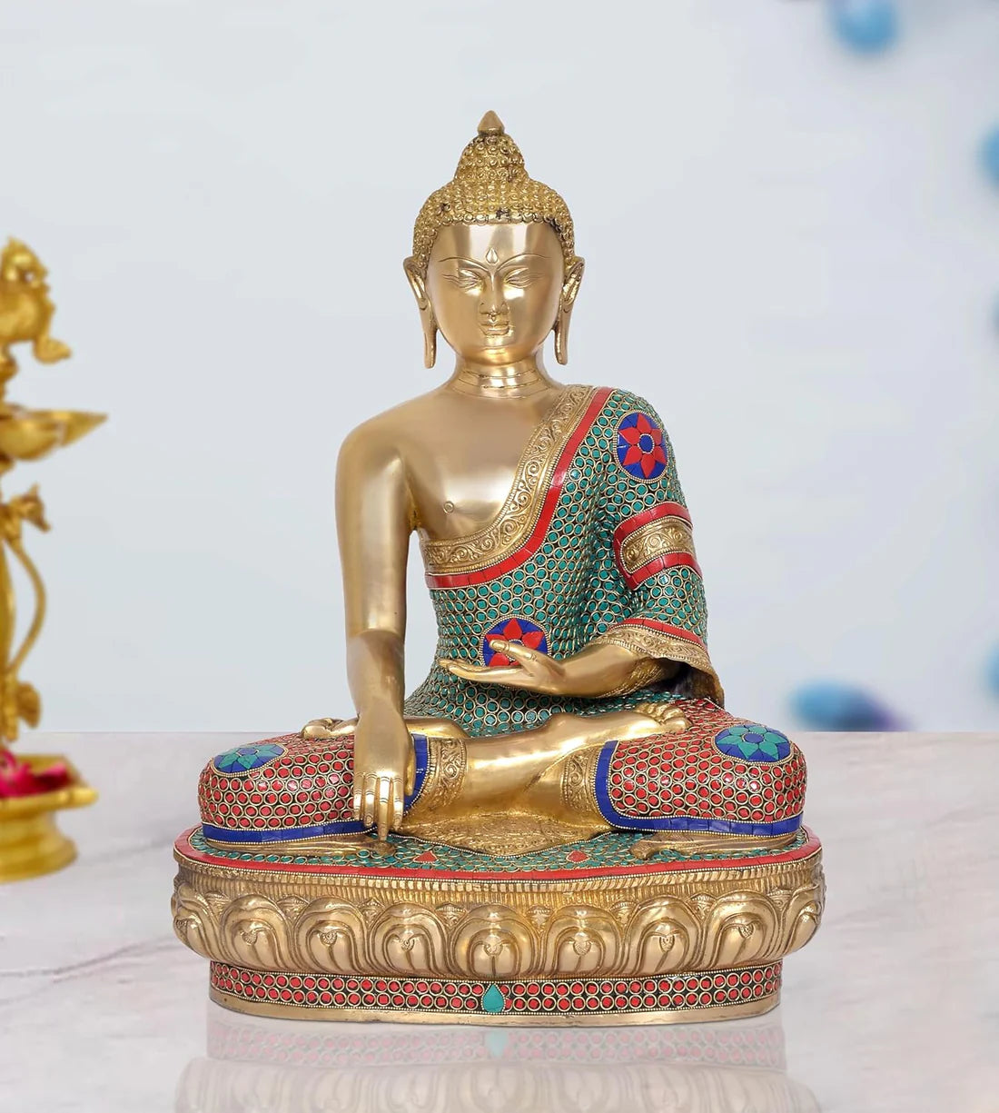 Brassaura® Brass Buddha Statue | Height 22 Inches | Multicolor Dhyan Mudra Meditating Buddha Idol for Home & Office
