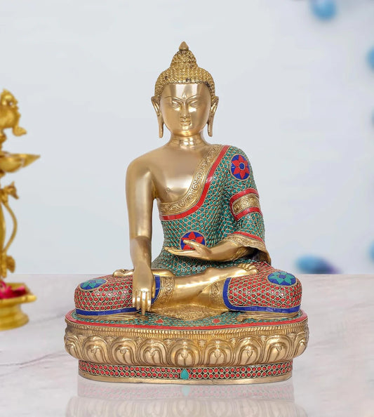 Brassaura® Brass Buddha Statue | Height 22 Inches | Multicolor Dhyan Mudra Meditating Buddha Idol for Home & Office