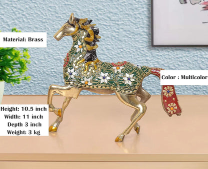 Brassaura® Multicolor Brass Horse Statue | Decorative Running Horse Showpiece with Stone Work | Height 10.5 Inches