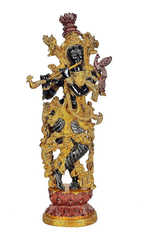 Brassaura® Lord Krishna Brass Murti | Traditional Brass Finish | Height 14.5 Inches