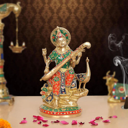 Brassaura® Multicolor Goddess Saraswati Brass Statue with Veena | Handcrafted Vidya Devi Idol | Height 15 Inches